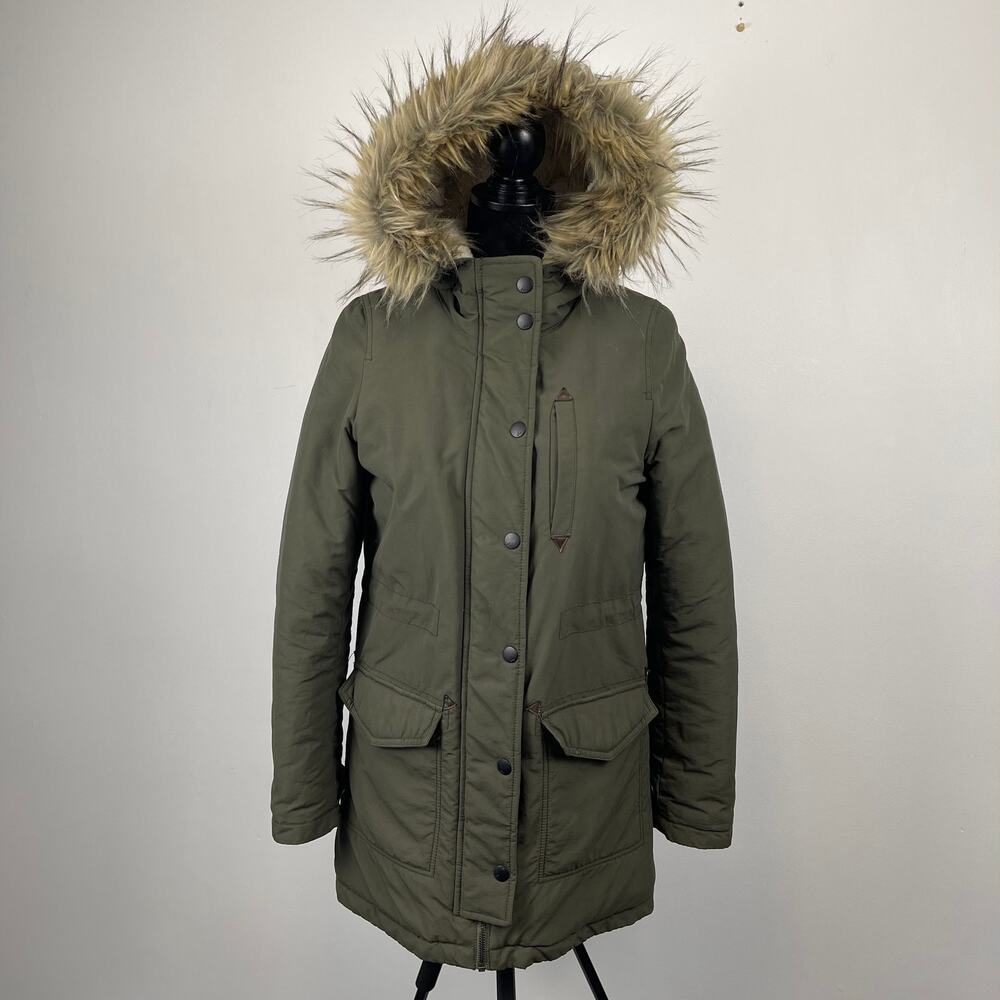 American Eagle Army Green Parka Coat Faux Fur Winter Weather Resistant XS